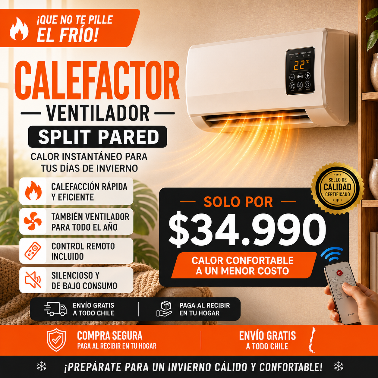 SPLIT-AIR Calefactor para Pared y Ventilador 2 en 1